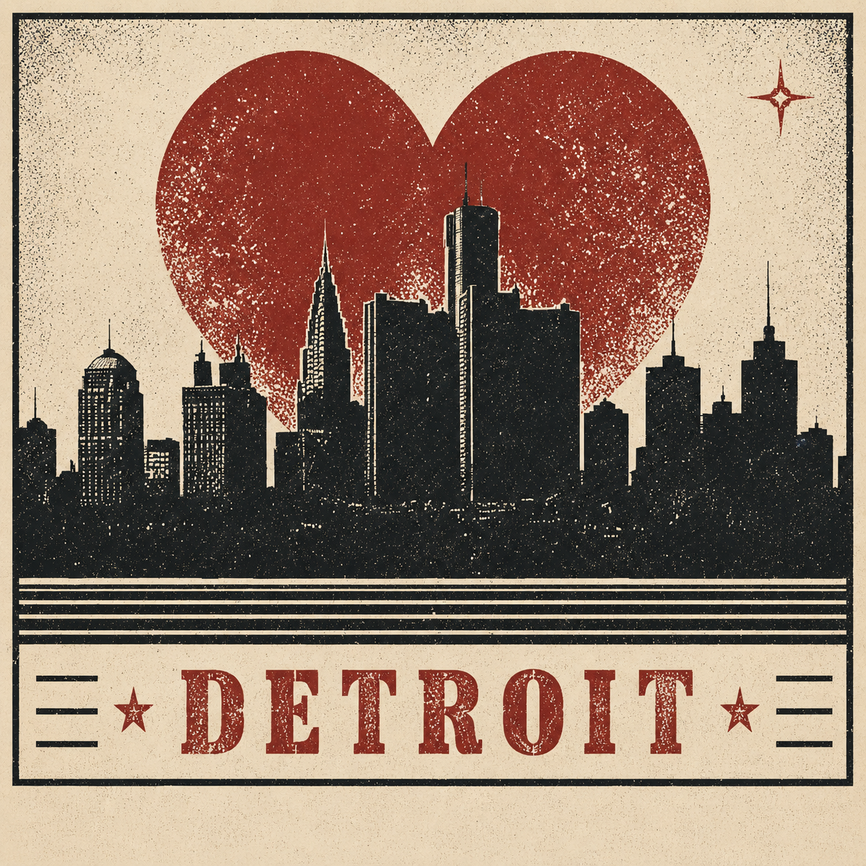 Vintage Detroit skyline with red heart artwork for Lindsey Renee's Love At Last